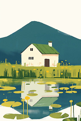 JPG 식물 여유 여행 백그라운드 일러스트 자연 하늘 지붕 산 주택 풍경 초원 건물 초록색 물 반사 평화 환경 연못 연습 국내일러스트 AI일러스트 AI콘텐츠 자연요소 건축물 감정 컬러 컨셉 생태계 파일형식