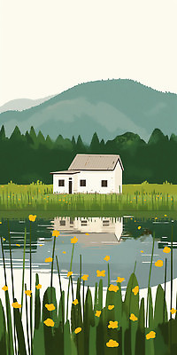 JPG 식물 꽃 호수 여행 일러스트 자연 하늘 산 주택 풍경 일상 그래픽 물 여름 반사 시골 그리기 그림 조용 국내일러스트 AI일러스트 AI콘텐츠 자연요소 계절 모션 건물 라이프 생태계 파일형식