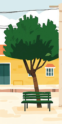 JPG 주간 나무 벤치 의자 일러스트 자연 하늘 거리 풍경 건물 노란색 마을 환경 맑음 도시 조용 긍정적 국내일러스트 AI일러스트 AI콘텐츠 자연요소 식물 건축물 감정 컬러 가구 날씨 생태계 파일형식