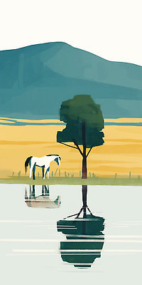 JPG 나무 동물 예술 일러스트 자연 하늘 산 풍경 초원 물 여름 반사 촬영 말_게임 축산업 그림 생태계 조경 평야 국내일러스트 AI일러스트 AI콘텐츠 자연요소 식물 계절 산업 파일형식