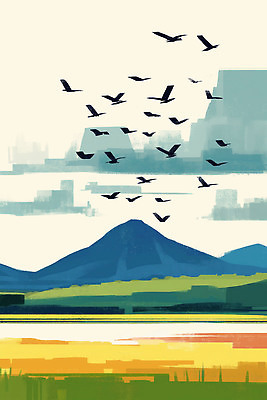 JPG 컬러 일러스트 자연 조류 하늘 산 풍경 초원 일상 파란색 노란색 환경 비행 시간 생태계 지평선 멀리 조화 국내일러스트 AI일러스트 AI콘텐츠 동물 라이프 파일형식