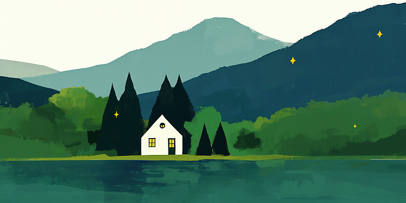 JPG 나무 별 호수 여행 일러스트 자연 하늘 휴식 산 주택 풍경 야외 초록색 물 여름 환경 고요 시골 저녁 장면 국내일러스트 AI일러스트 AI콘텐츠 자연요소 식물 계절 컬러 컨셉 건물 야간 생태계 파일형식