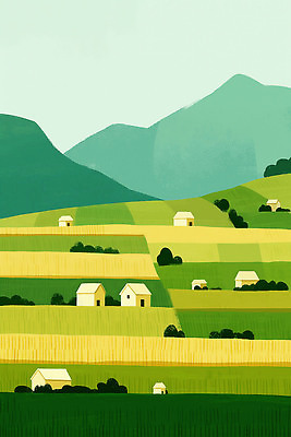 JPG 밭 농업 일러스트 자연 하늘 산 주택 풍경 일상 라이프 초록색 여름 농장 평화 흐름 언덕 지역 평야 국내일러스트 AI일러스트 AI콘텐츠 계절 산업 컬러 컨셉 건물 생활 생태계 파일형식