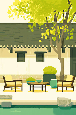 JPG 나무 전통 디자인 가구 의자 일러스트 자연 탁자 휴식 나뭇잎 바닥 풍경 야외 건물 일상 생활 울타리 정원 공간 편안함 조경 국내일러스트 AI일러스트 AI콘텐츠 식물 건축물 생활용품 컨셉 잎 라이프 담장 감각 생태계 파일형식