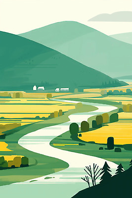 JPG 나무 농업 일러스트 자연 하늘 산 풍경 초원 초록색 물 강 농장 노란색 평화 경작 농촌 시골 강가 평야 국내일러스트 AI일러스트 AI콘텐츠 자연요소 식물 산업 컬러 컨셉 농사 생태계 파일형식