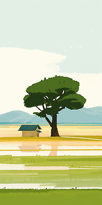 JPG 나무 밭 농업 일러스트 자연 하늘 산 주택 풍경 초원 물 여름 농장 반사 평화 환경 시골 땅 평야 국내일러스트 AI일러스트 AI콘텐츠 자연요소 식물 계절 산업 컨셉 건물 생태계 파일형식