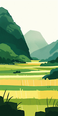 JPG 나무 식물 길 농업 일러스트 자연 하늘 산 풍경 초록색 물 여름 햇빛 평화 농사 가축 시골 논밭 풍요 국내일러스트 AI일러스트 AI콘텐츠 자연요소 동물 계절 산업 컬러 컨셉 밭 논 태양 생태계 파일형식