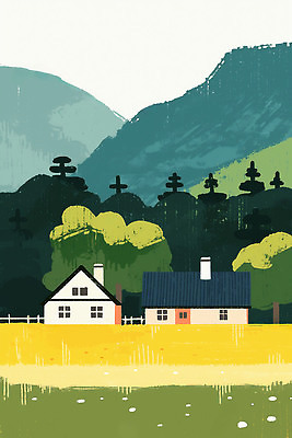 JPG 나무 일러스트 자연 하늘 날씨 산 주택 풍경 초원 건물 일상 생활 여름 농장 마을 환경 조경 지형 지역 평야 국내일러스트 AI일러스트 AI콘텐츠 식물 건축물 계절 농업 라이프 생태계 파일형식