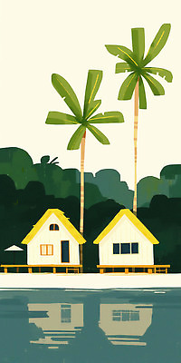 JPG 나무 건축 호수 여행 일러스트 자연 설계 열대 주택 풍경 건물 여름 야자수 평화 환경 공간 물가 숲 그늘 갑판 국내일러스트 AI일러스트 AI콘텐츠 식물 건축물 계절 컨셉 배_교통 생태계 파일형식