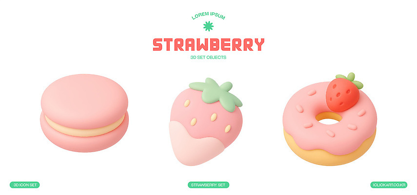 음식 컬러 과일 디저트 3D 파일형식 딸기 마카롱 과자 도넛 분홍색 디자인 세트 모양 스타일 디지털아트 장식 PSD 편집이미지 편집3D