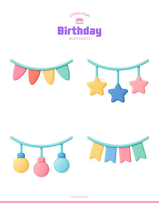자연요소 기념일 이벤트 3D 생일 파티용품 파일형식 파티 장식 컬러 모양 풍선 별 깃발 축제 디자인 기념 PSD 생일파티 가랜드 편집이미지 편집3D