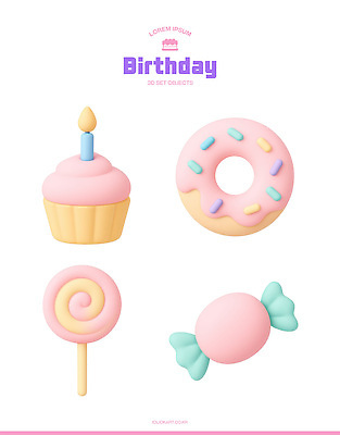 기념일 음식 컬러 컨셉 디저트 사탕 이벤트 3D 케이크 생일 파일형식 컵케이크 도넛 막대사탕 생일파티 과자 분홍색 디자인 아이템 축하 PSD 파티 편집이미지 편집3D