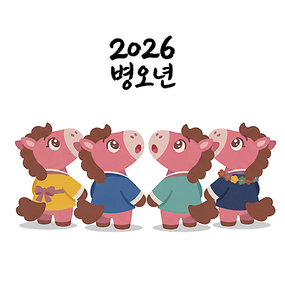 캐릭터 한국전통 컬러 컨셉 말하기 말_동물 전통의상 연도 잔치 파일형식 2026년 병오년 소통 대화 주황색 파란색 초록색 분홍색 옷 동물 귀여움 연회 축제 상징 문화 디자인 일러캐릭터 PSD 일러스트 한복 말 붉은말