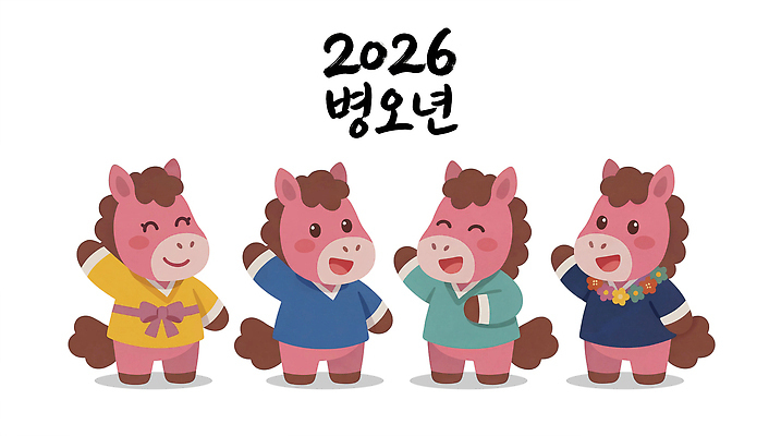 캐릭터 한국전통 전통 감정 컨셉 표정 이벤트 공휴일 예절 말_동물 전통의상 연도 파일형식 2026년 병오년 웃음 인사 즐거움 축제 기념일 디자인 그림 컬러 놀이 귀여움 상징 문화 연휴 일러캐릭터 PSD 일러스트 한복 말 붉은말
