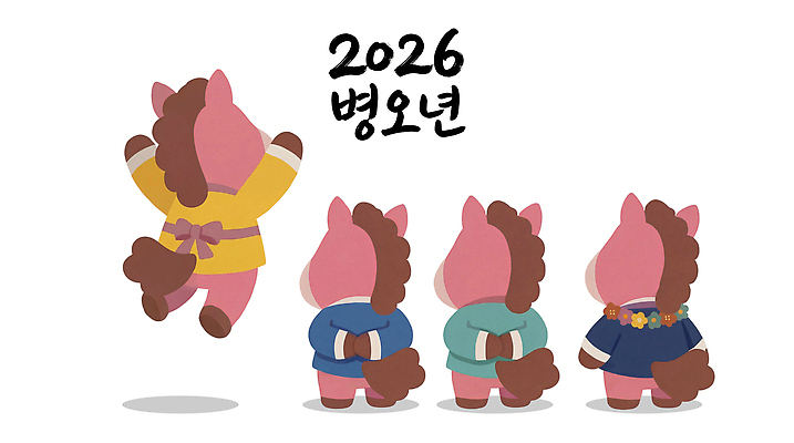 캐릭터 한국전통 기념일 감정 컨셉 관계 모션 놀이 말_동물 전통의상 연도 파일형식 2026년 병오년 귀여움 동물 친구 게임 점프 컬러 디자인 문화 모양 희망 생일 일러캐릭터 PSD 일러스트 한복 말 붉은말