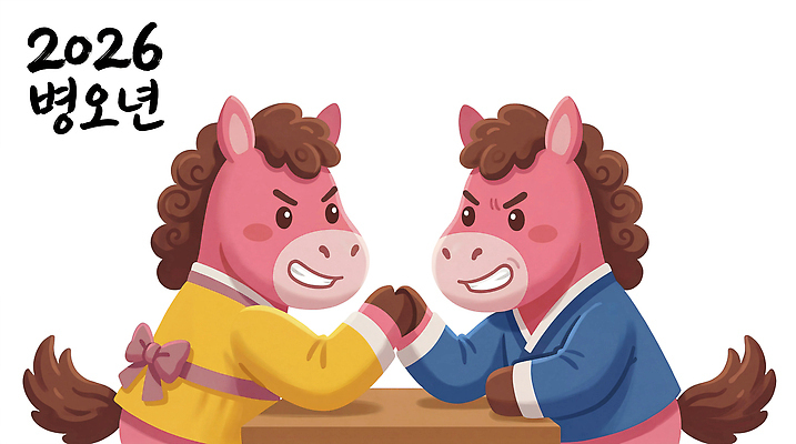 캐릭터 한국전통 계절 감정 아시아 컬러 가구 컨셉 관계 놀이 말_동물 전통의상 연도 파일형식 2026년 병오년 팔씨름 탁자 한국 전통 동물 게임 스포츠 그림 커플 즐거움 경쟁 친구 흰색 여름 문화 귀여움 일러캐릭터 PSD 일러스트 한복 말 붉은말