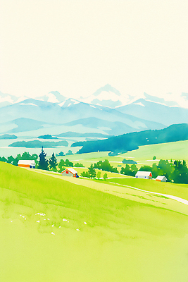 JPG 식물 여행 일러스트 자연 하늘 산 주택 풍경 초원 일상 여름 평화 마을 농사 봄 산책 시골 조경 멀리 채소밭 색감 국내일러스트 AI일러스트 AI콘텐츠 계절 컨셉 밭 농업 휴식 건물 라이프 생태계 파일형식