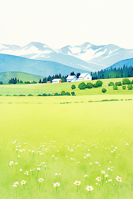 JPG 나무 응시 꽃 일러스트 자연 하늘 산 주택 풍경 초원 여름 파란색 농장 고요 봄 시골 숲 그림 국내일러스트 AI일러스트 AI콘텐츠 식물 시선 계절 컬러 농업 건물 생태계 파일형식