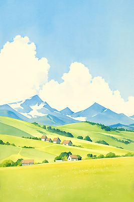 JPG 농업 일러스트 자연 하늘 산 거리 주택 풍경 초원 초록색 여름 농장 마을 봄 농촌 시골 언덕 장면 국내일러스트 AI일러스트 AI콘텐츠 계절 산업 컬러 건물 생태계 파일형식