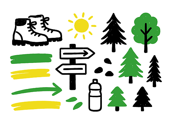 자연요소 식물 신발 레저 알림판 건강 트래킹 물통 생태계 파일형식 벡터 등산 하이킹 나무 표지판 태양 부츠 물병 풍경 탐험 산 자연 길 안내 모션 운동 야외 도전 준비 방향 낙서 국내일러스트 일러스트 AI파일 캠핑 아웃도어