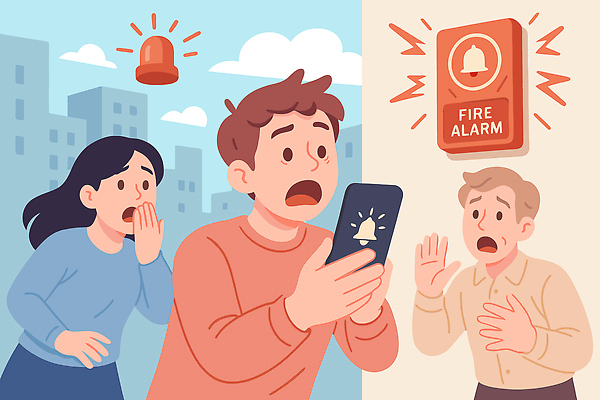 자연요소 컨셉 모션 안전 사람 전자제품 긴급 도움 사건 파일형식 벡터 화재 경고 핸드폰 긴급상황 소리 사이렌 도시 남자 여자 표정 신고 구출 불 대피 지시 확인 소통 포즈 국내일러스트 일러스트 AI파일 행동요령