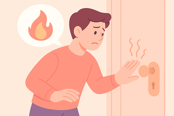 감정 컨셉 불 안전 사람 사건 파일형식 벡터 문 손잡이 남자 불꽃 무서움 위험 경고 조심 모션 집중 긴장 고민 생각 반응 국내일러스트 일러스트 AI파일 행동요령 대피 화재