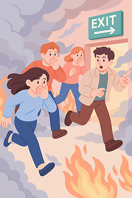 자연요소 감정 다수 컨셉 안전 사람 사건 탈출 파일형식 벡터 연기 불 여러명 대피 긴장 바쁨 길 화재 소리 모션 방향 표정 위기 피신 국내일러스트 일러스트 AI파일 행동요령