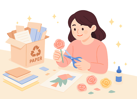 식물 꽃 종이 가구 모션 취미 신체부위 친환경 파일형식 벡터 장미 만들기 색종이 재활용 상자 예술 공예 백그라운드 탁자 손 작업 도구 창의력 컬러 모양 조합 국내일러스트 일러스트 AI파일 업사이클링