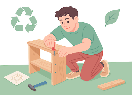 식물 가구 컨셉 모션 사람 취미 신체부위 친환경 파일형식 벡터 나무 선반 만들기 작업 남자 재활용 도구 조립 이해 제조 손 체험 환경 기술 기능 창의력 교육 공예 국내일러스트 일러스트 AI파일 업사이클링
