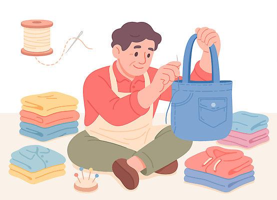 주간 잡화 감정 가구 바지 사람 취미 도구 친환경 파일형식 벡터 바느질 가방 남자 청바지 공예 옷 작업 수리 바늘 손재주 직업 아침 여유 재료 기술 탁자 창작 국내일러스트 일러스트 AI파일 업사이클링