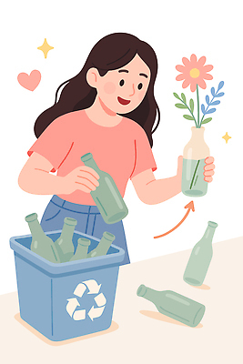 식물 꽃 감정 컨셉 재질 병_용기 사람 라이프 환경 공예 친환경 생태계 파일형식 벡터 재활용 꽃병 유리병 여자 자연 즐거움 모션 경제 선택 창의성 수공예 취미 일상 플라스틱 쓰레기 국내일러스트 일러스트 AI파일 업사이클링