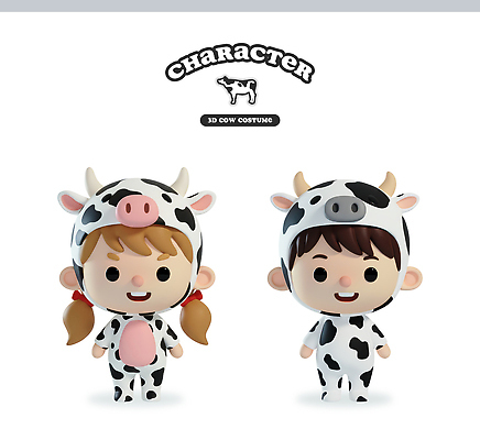 헤어스타일 감정 동물캐릭터 포유류 관계 표정 사람 3D 소 파일형식 캐릭터 웃음 놀이 옷 갈색머리 금발 즐거움 동물 코스프레 친구 어린이 편집3D 편집이미지 PSD 젖소 소캐릭터