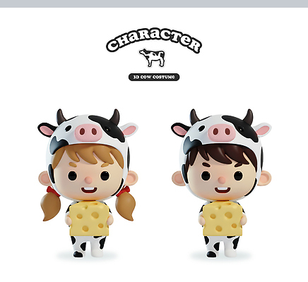 여자 남자 감정 어린이 동물캐릭터 컨셉 포유류 관계 유제품 사람 3D 소 파일형식 코스프레 캐릭터 치즈 귀여움 동물 놀이 소년 소녀 친구 즐거움 편집3D 편집이미지 PSD 젖소 소캐릭터
