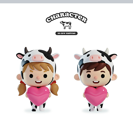 모양 감정 동물캐릭터 컨셉 표정 사람 3D 소 파일형식 어린이 하트 캐릭터 웃음 귀여움 놀이 모션 인형 코스프레 사랑 편집3D 편집이미지 PSD 젖소 소캐릭터