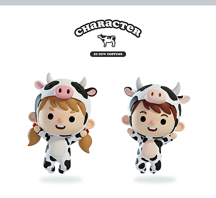 감정 동물캐릭터 컨셉 포유류 관계 표정 사람 3D 소 파일형식 캐릭터 옷 어린이 놀이 웃음 변신 귀여움 행복 친구 모션 상상 편집3D 편집이미지 PSD 젖소 소캐릭터