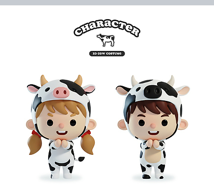동물캐릭터 컨셉 포유류 사람 3D 소 파일형식 캐릭터 옷 귀여움 장난감 아기 놀이 축제 동물 디자인 편집3D 편집이미지 PSD 젖소 소캐릭터