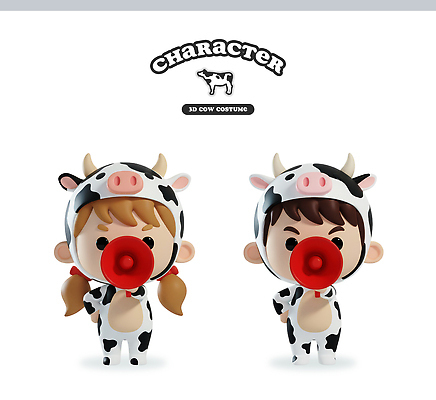 컬러 동물캐릭터 컨셉 포유류 사람 장식 3D 소 파일형식 옷 캐릭터 인형 남자 여자 빨간색 귀여움 아기 동물 머리장식 마스크 장난감 편집3D 편집이미지 PSD 젖소 소캐릭터