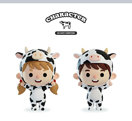 옷 여자 남자 어린이 동물캐릭터 표정 사람 3D 소 파일형식 소년 소녀 웃음 캐릭터 코스프레 장난 놀이 분장 아동복 편집3D 편집이미지 PSD 젖소 소캐릭터