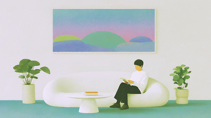 JPG 식물 디자인 여유 컬러 일러스트 휴식 바닥 실내 사람 책 소파 공간 흰색 편안함 읽기 모던 그림 힐링 거주 Lounge 국내일러스트 AI일러스트 AI콘텐츠 감정 컨셉 의자 모션 내부 감각 파일형식