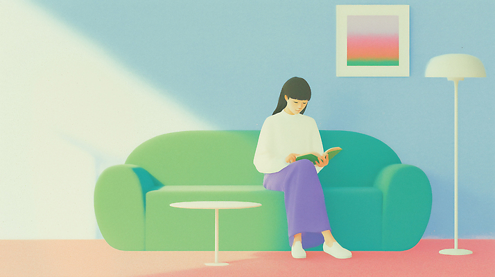 JPG 여자 커피 컬러 일러스트 모션 탁자 휴식 조명 이야기 앉기 생활 책 초록색 소파 독서 공간 방 시간 그림 힐링 조명기구 평면 스타일 국내일러스트 AI일러스트 AI콘텐츠 음료 가구 컨셉 의자 사람 파일형식