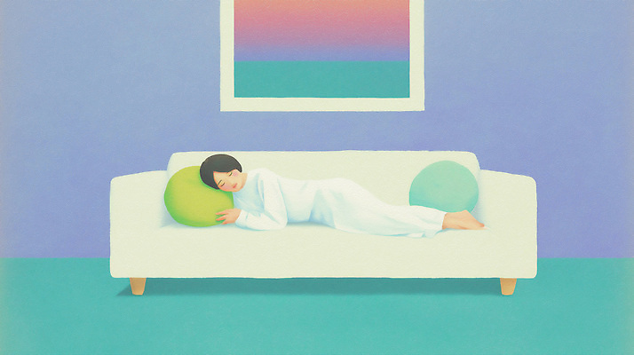 JPG 디자인 창 컬러 쿠션 일러스트 하늘 휴식 조명 주택 실내 사람 풍경 소파 공간 잠 수면 편안함 힐링 평면 국내일러스트 AI일러스트 AI콘텐츠 무기 컨셉 의자 내부 건물 물 감각 파일형식