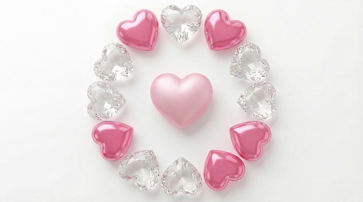 JPG 편집이미지 디자인 기념일 분홍색 컬러 발렌타인데이 사랑 장식 하트 표현 중앙 크리스탈 보석 배열 주위 심플 큐빅 이미지편집 AI컴퓨터그래픽 AI콘텐츠 모양 감정 데이이벤트 이벤트 광석 파일형식