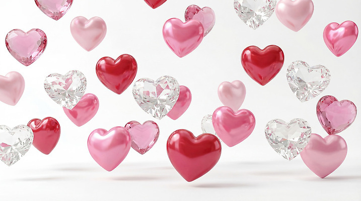 JPG 모양 편집이미지 감정 분홍색 컬러 발렌타인데이 사랑 공중 장식 빨간색 세계 다양 하트 떨어짐 크리스탈 보석 즐거움 큐빅 떠남 이미지편집 AI컴퓨터그래픽 AI콘텐츠 다수 컨셉 모션 데이이벤트 광석 파일형식