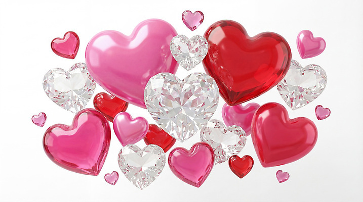 JPG 모양 편집이미지 디자인 기념일 분홍색 컬러 발렌타인데이 사랑 장식 빨간색 파티 하트 축하 투명 크기 크리스탈 보석 큐빅 이미지편집 AI컴퓨터그래픽 AI콘텐츠 감정 컨셉 데이이벤트 이벤트 광석 파일형식