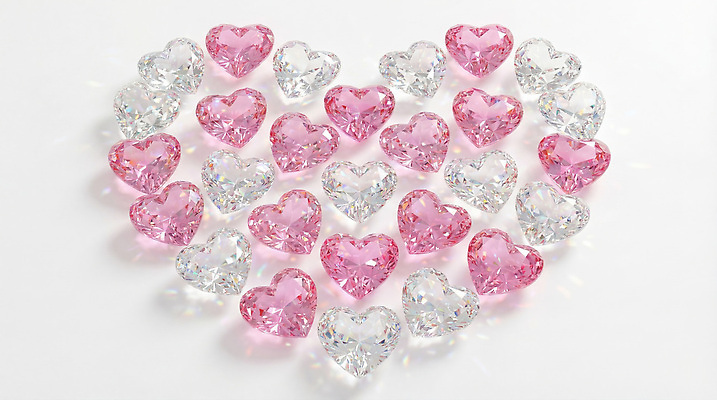 JPG 모양 편집이미지 디자인 분홍색 컬러 탁자 발렌타인데이 사랑 장식 하트 투명 크기 크리스탈 보석 배열 큐빅 아이템 이미지편집 AI컴퓨터그래픽 AI콘텐츠 감정 가구 데이이벤트 광석 파일형식