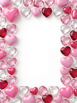 JPG 편집이미지 디자인 기념일 분홍색 컬러 백그라운드 발렌타인데이 사랑 이벤트 장식 빨간색 하트 투명 크리스탈 보석 배열 그림 조화 큐빅 이미지편집 AI컴퓨터그래픽 AI콘텐츠 모양 감정 데이이벤트 광석 파일형식