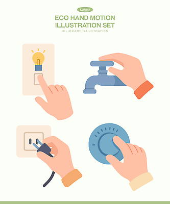 자연요소 컨셉 모션 신체부위 환경 에너지 파일형식 벡터 손 조명 수도 물 전기에너지 플러그 타이머 절약 조작 설정 장면 생활 기술 손짓 편리함 국내일러스트 일러스트 AI파일 에코