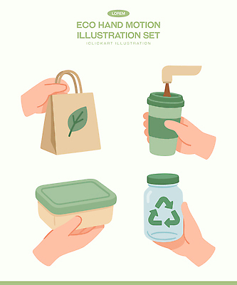 잡화 컨셉 모션 병_용기 신체부위 컵 환경 친환경 생태계 파일형식 벡터 손 가방 음료수컵 유리병 재활용 생활 자연 쓰레기 음식 음료 소비 디자인 아이디어 국내일러스트 일러스트 AI파일 손짓 에코