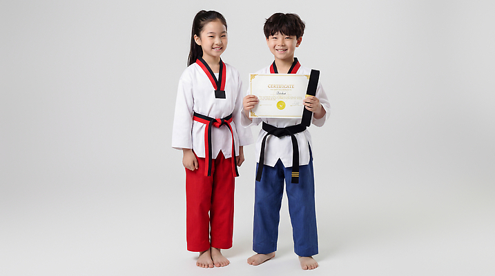 JPG 편집이미지 옷 어린이 모션 표정 친구 도장 운동 기쁨 연령 체육 연습 태권도 태권도복 의료성형뷰티 편집실사 AI인물포토 AI콘텐츠 감정 관계 건강 도복 사람 격투기 CG 파일형식 AI포토