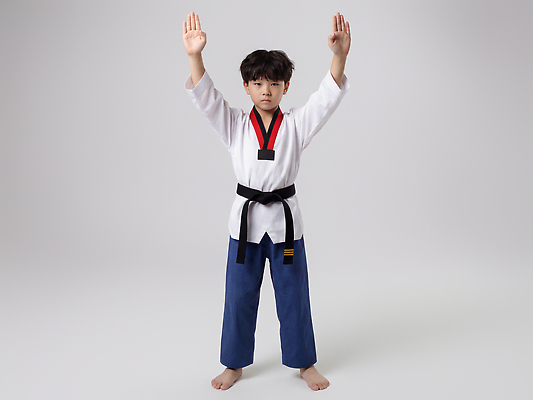 JPG 편집이미지 손 어린이 스포츠 포즈 모션 발 기술 도복 경기 운동 공간 연습 태권도 준비 체육관 태권도복 의료성형뷰티 편집실사 AI인물포토 AI콘텐츠 옷 건강 사람 신체부위 격투기 CG 파일형식 AI포토